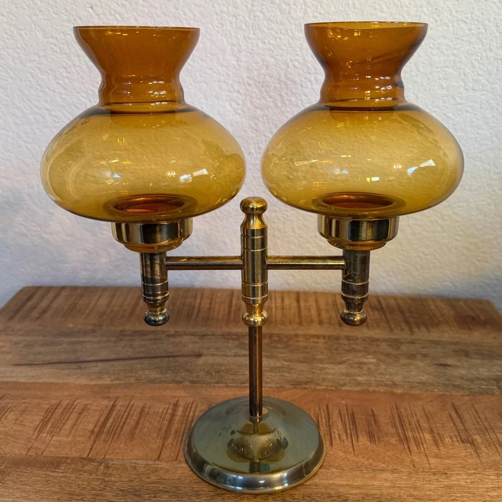 Vintage Brass Double Arm Candelabra Amber Glass Hurricane Tea Light Holder MCM